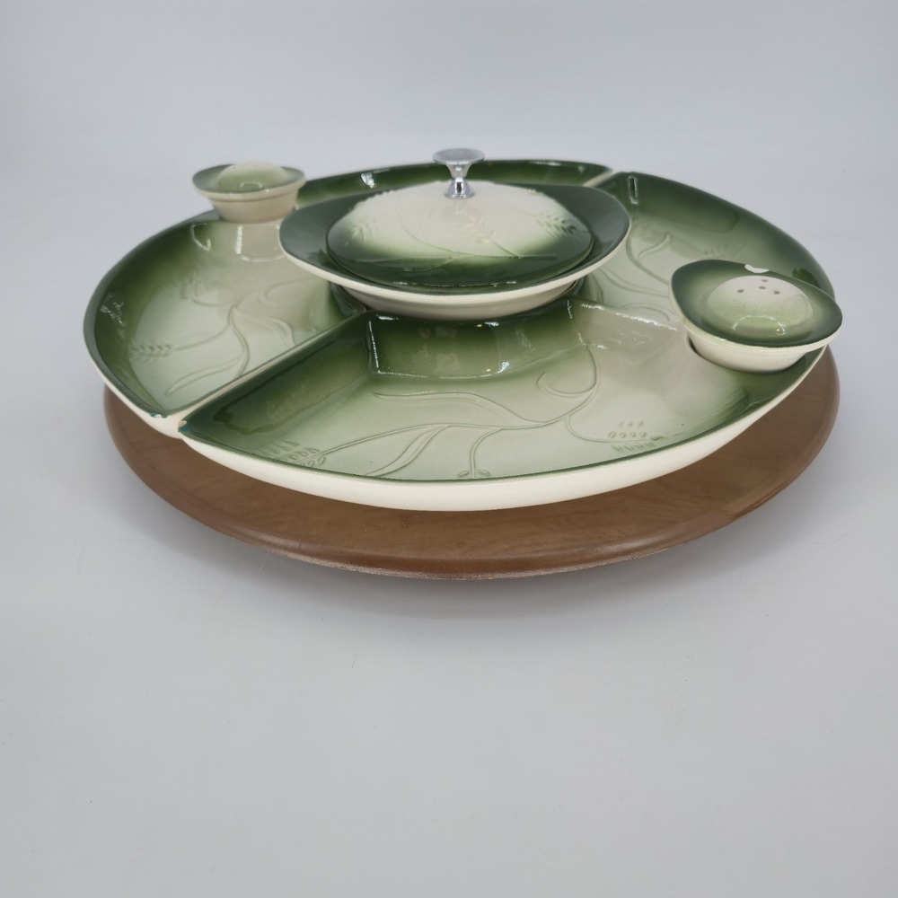 Royal Haeger Pottery Serving Set USA 800 Green Ceramic Divided W Lazy Susan‎ VTG